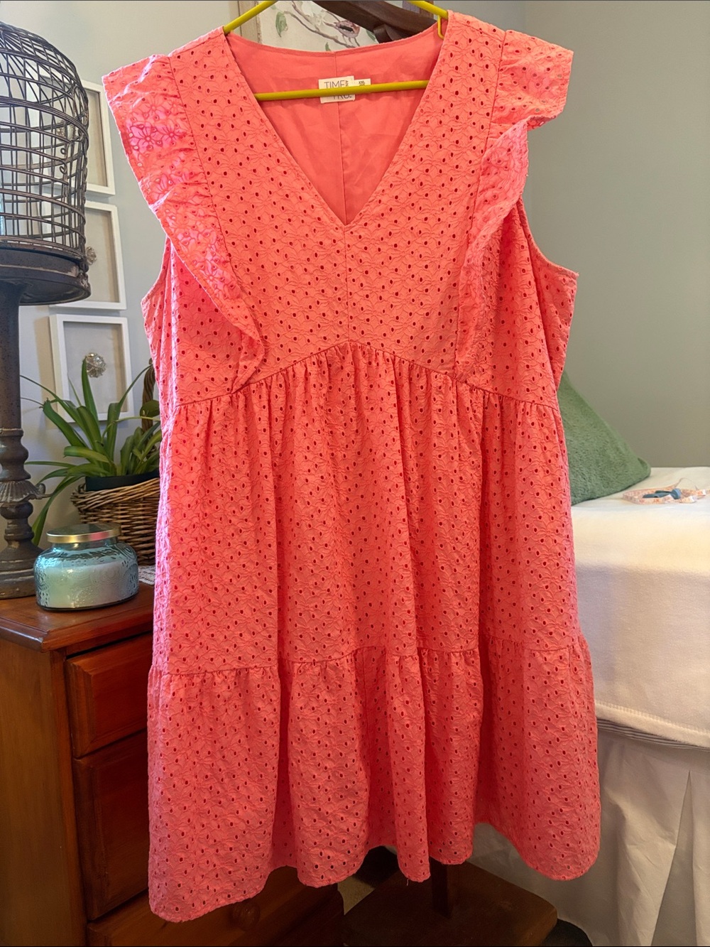 Time and Tru Coral Eyelet Ruffle Tiered Mini Dress